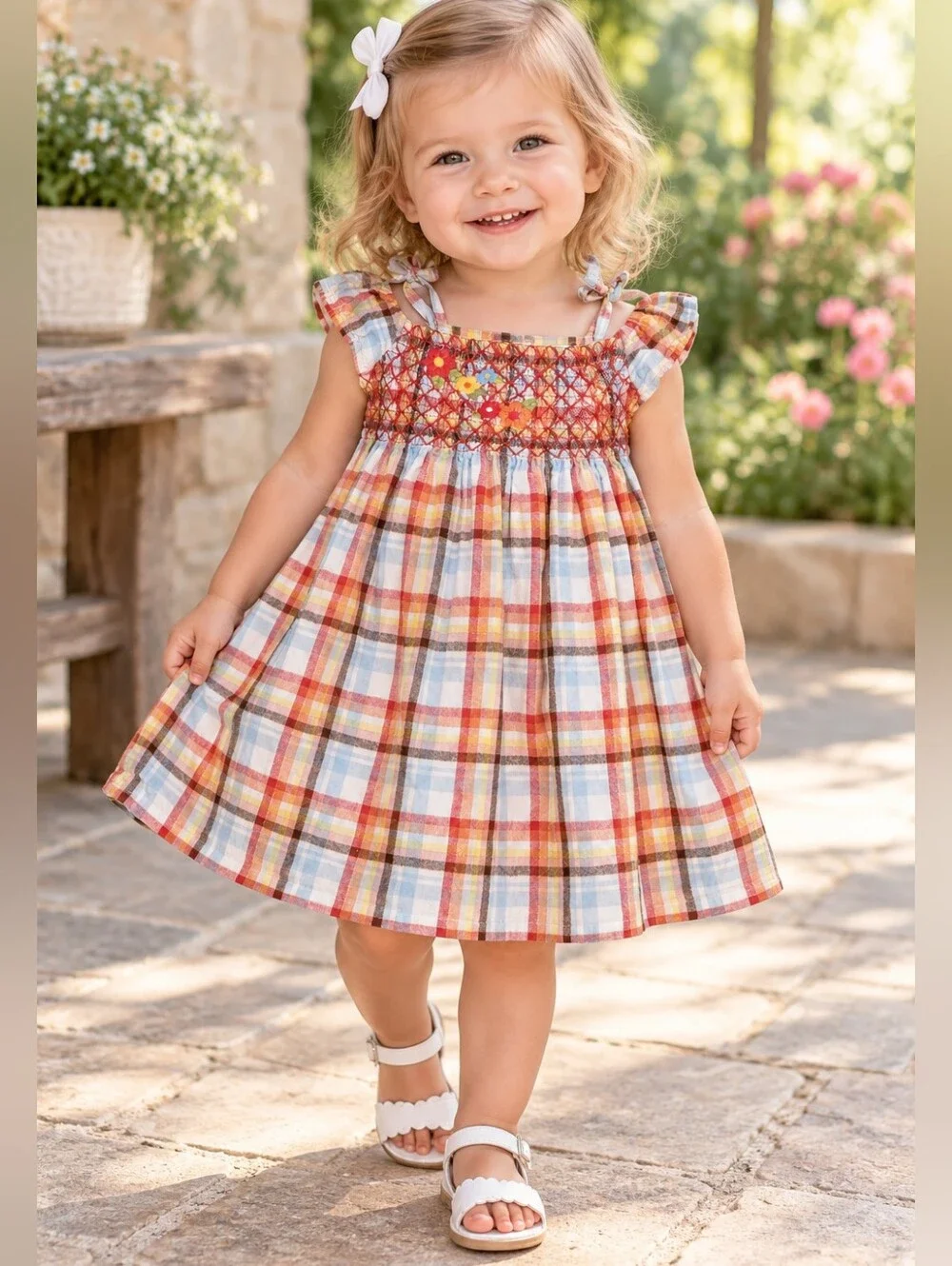 Gymboree Y2k Island Getaway Plaid Embroidered Flowers Smocked Dress 18-24 Months
